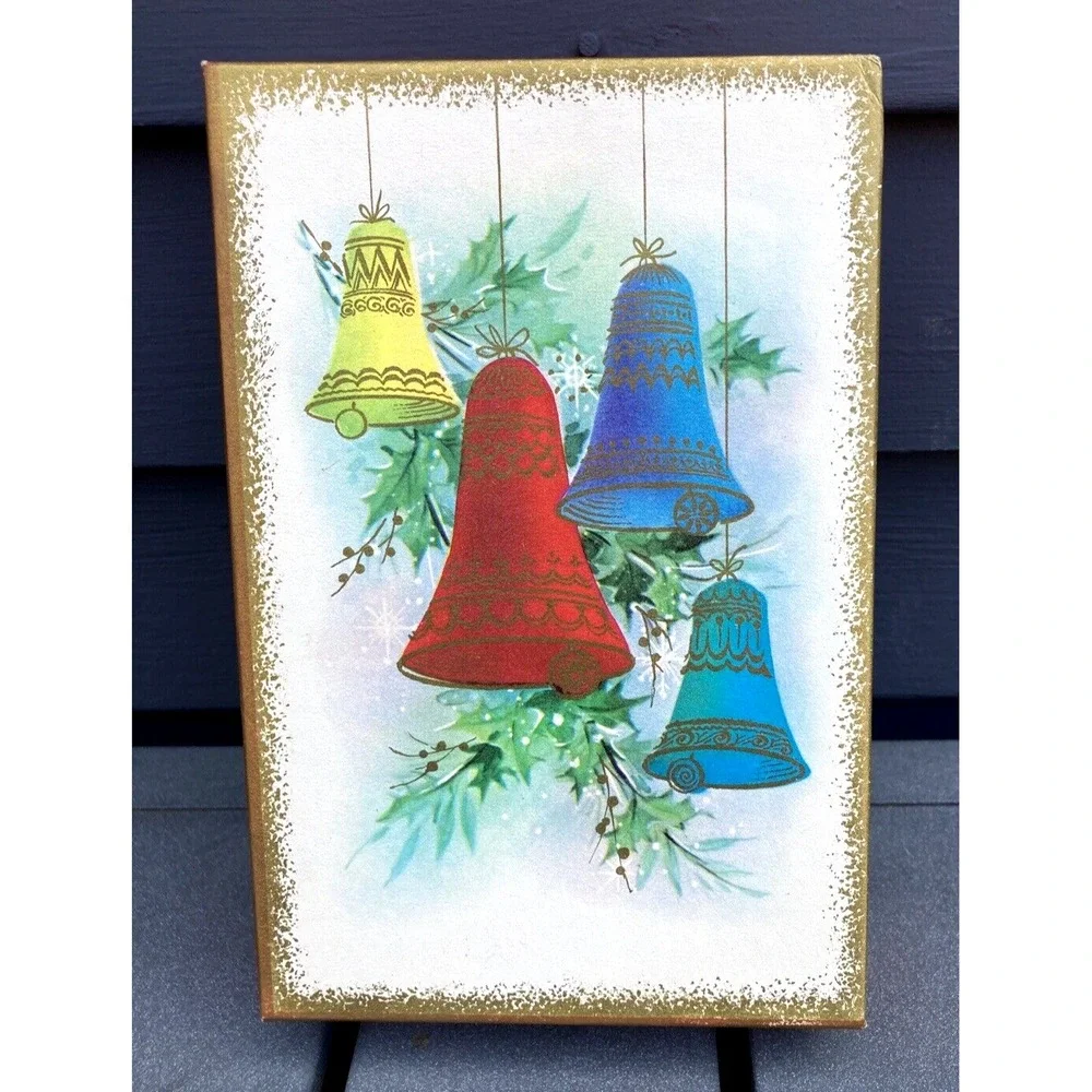 Vintage Christmas decor empty card box Royal Satin colored bells gold trim 1960s